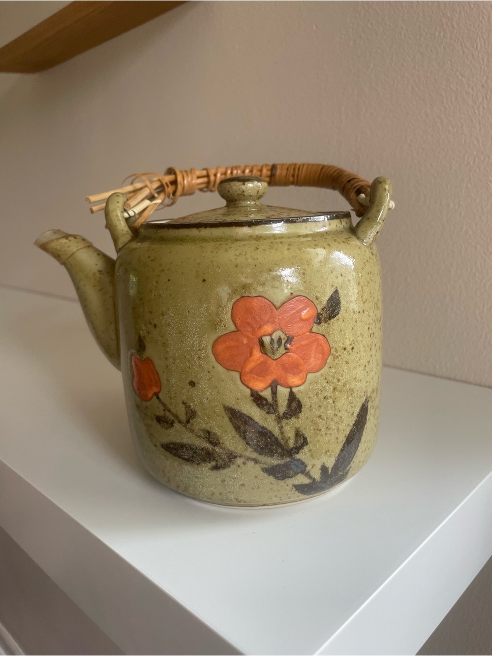 Vintage Ceramic Floral Teapot in Olive Green with Orange Flowers
